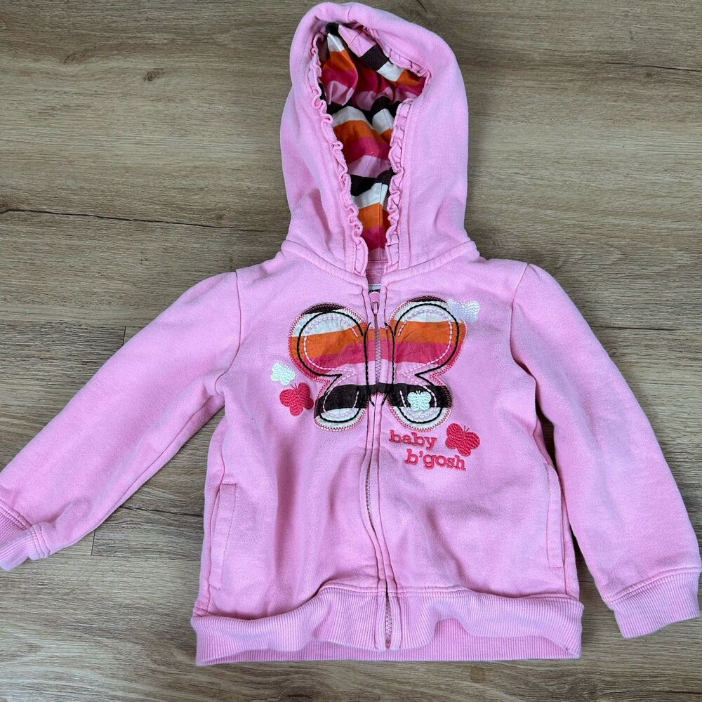 Vintage OshKosh Girls 18M Hoodie Zip Jacket Pink Butterfly Embroidery Baby